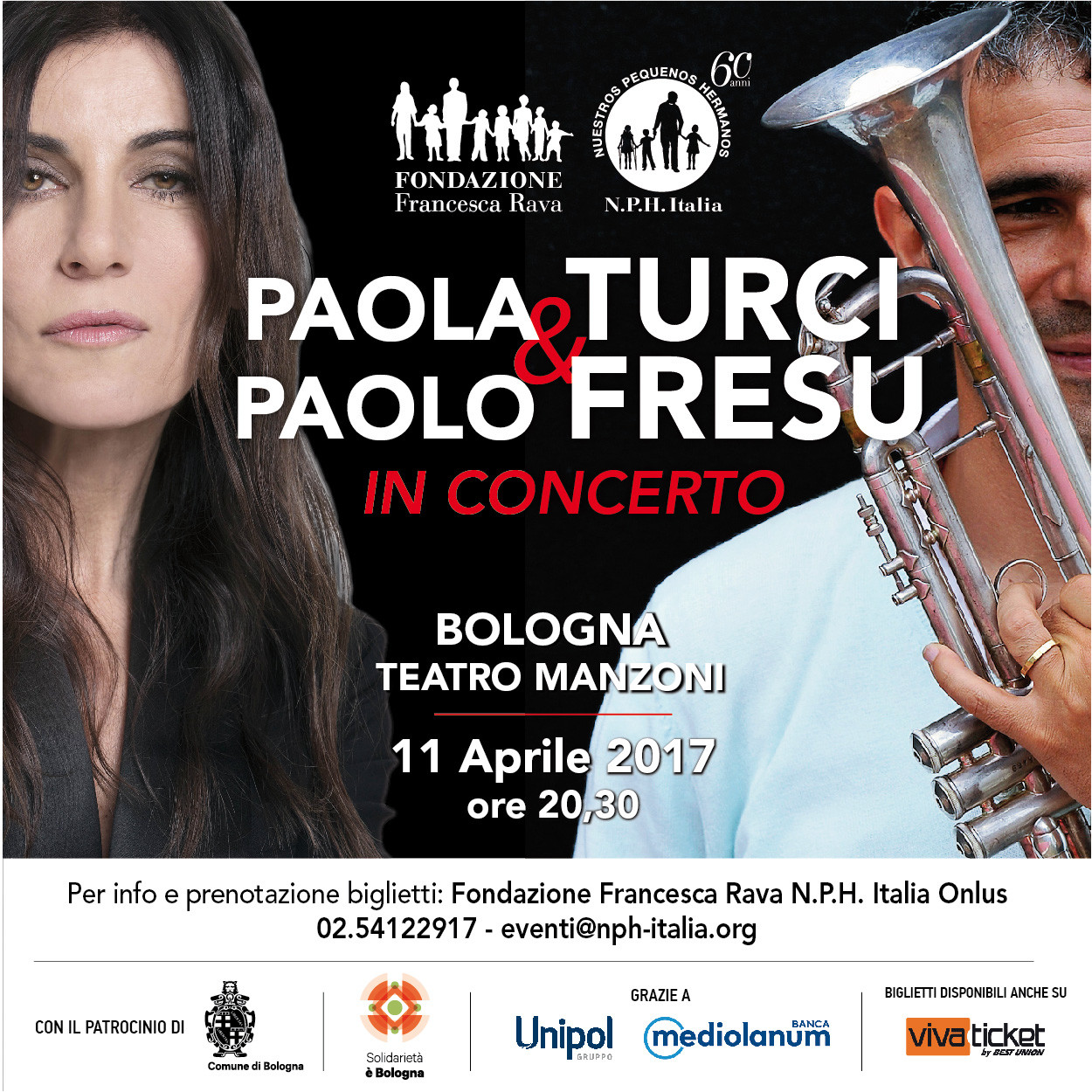 11 aprile, Bologna - Paola Turci e Paolo Fresu in concerto per i bambini del Centro Italia colpiti dal terremoto e di Haiti colpiti dall'uragano Matthew