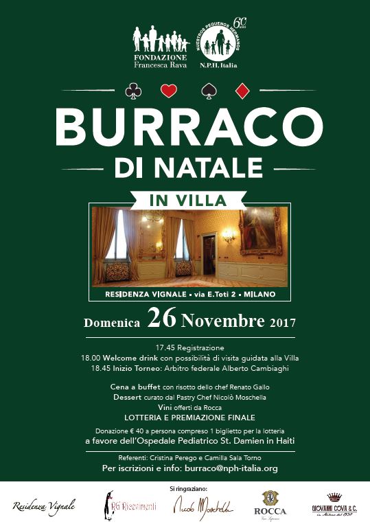 26 novembre, Residenza Vignale a Milano, una serata di burraco di Natale a favore dei bambini di Haiti