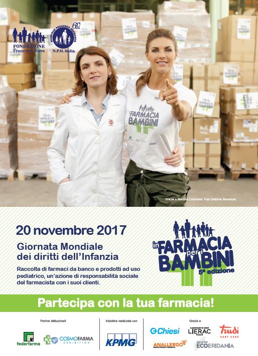 20 novembre 2017, partecipa con la tua farmacia o come volontario a “In farmacia per i bambini”, iniziativa della Fondazione Francesca Rava per i bambini in povertà sanitaria, nelle farmacie aderenti in tutta Italia.