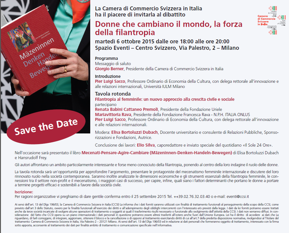 6 ottobre, ore 18, Filantropia al femminile, al Centro Svizzero a Milano. Mariavittoria Rava tra i relatori