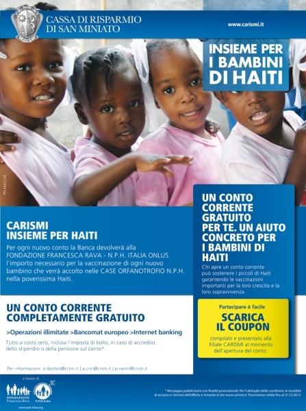 Carismi e Fondazione Francesca Rava insieme per Haiti. Un conto corrente gratuito per te, un aiuto concreto per i bambini di Haiti. 