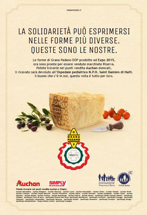 Fino al 25 ottobre, nei punti Auchan in vendita le forme di Grana Padano prodotte ad Expo per l'Ospedale St. Damien.