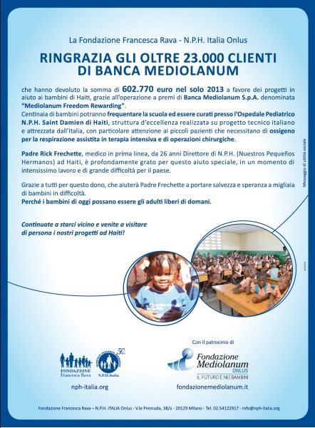 Grazie agli oltre 23.000 clienti di Banca Mediolanum che hanno sostenuto i nostri progetti in Haiti