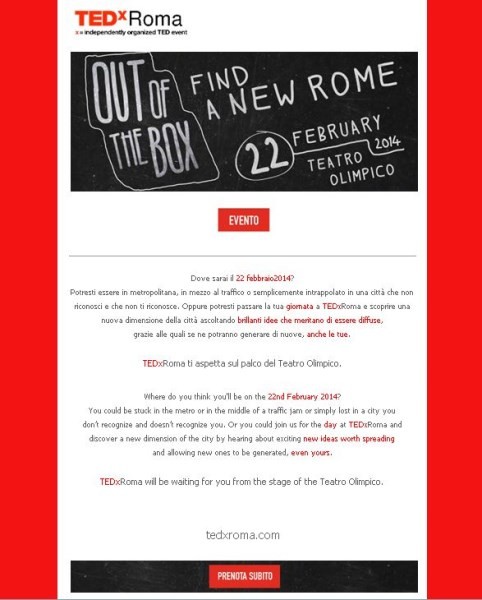 Sabato 22 Febbraio, Teatro Olimpico a Roma, TEDxRoma - Out of The Box. Con la partecipazione di Mariavittoria Rava