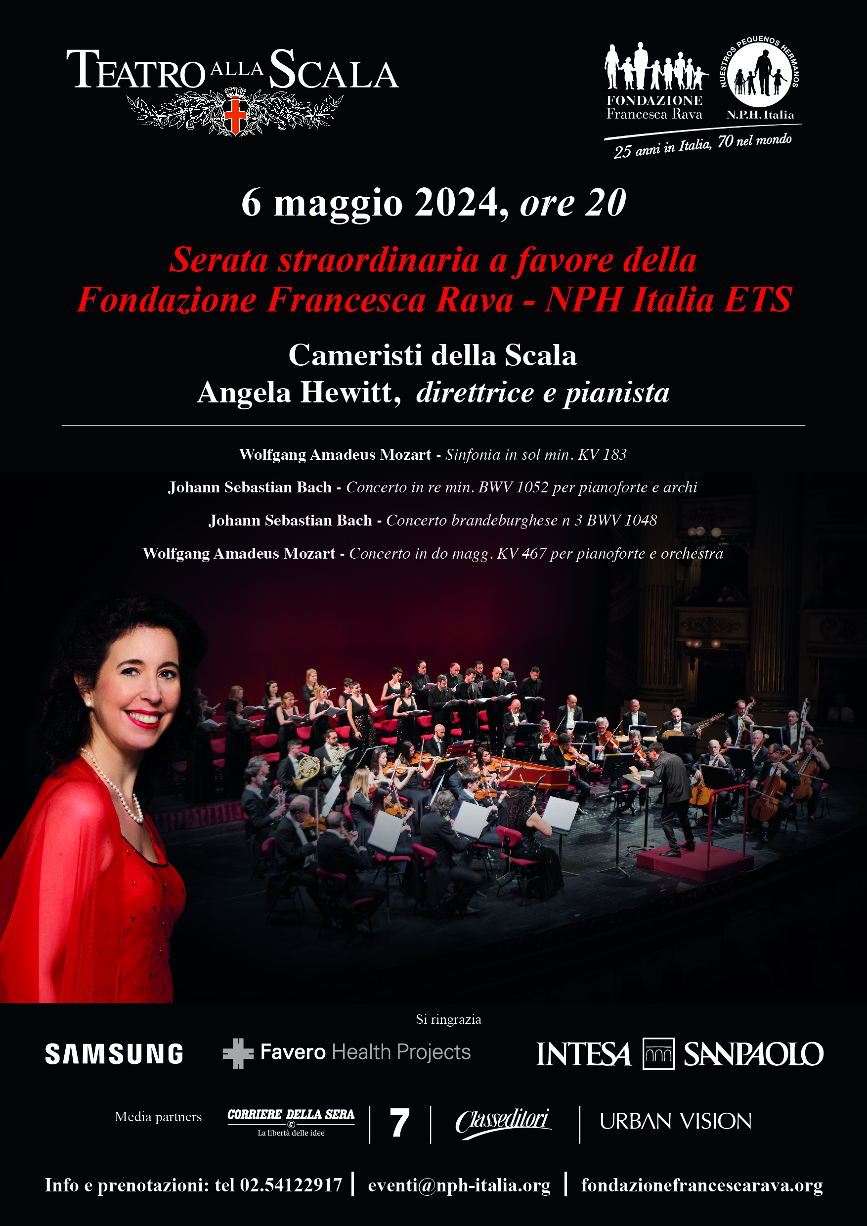 6 maggio, Teatro Alla Scala, serata straordinaria a favore della Fondazione Francesca Rava. Sul palco i Cameristi della Scala e Angela Hewitt, Pianista e Direttrice