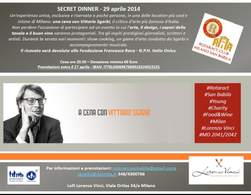 Martedì 29 aprile, secret dinner con Vittorio Sgarbi, il critico d'arte più famoso d'Italia a favore della Fondazione Francesca Rava