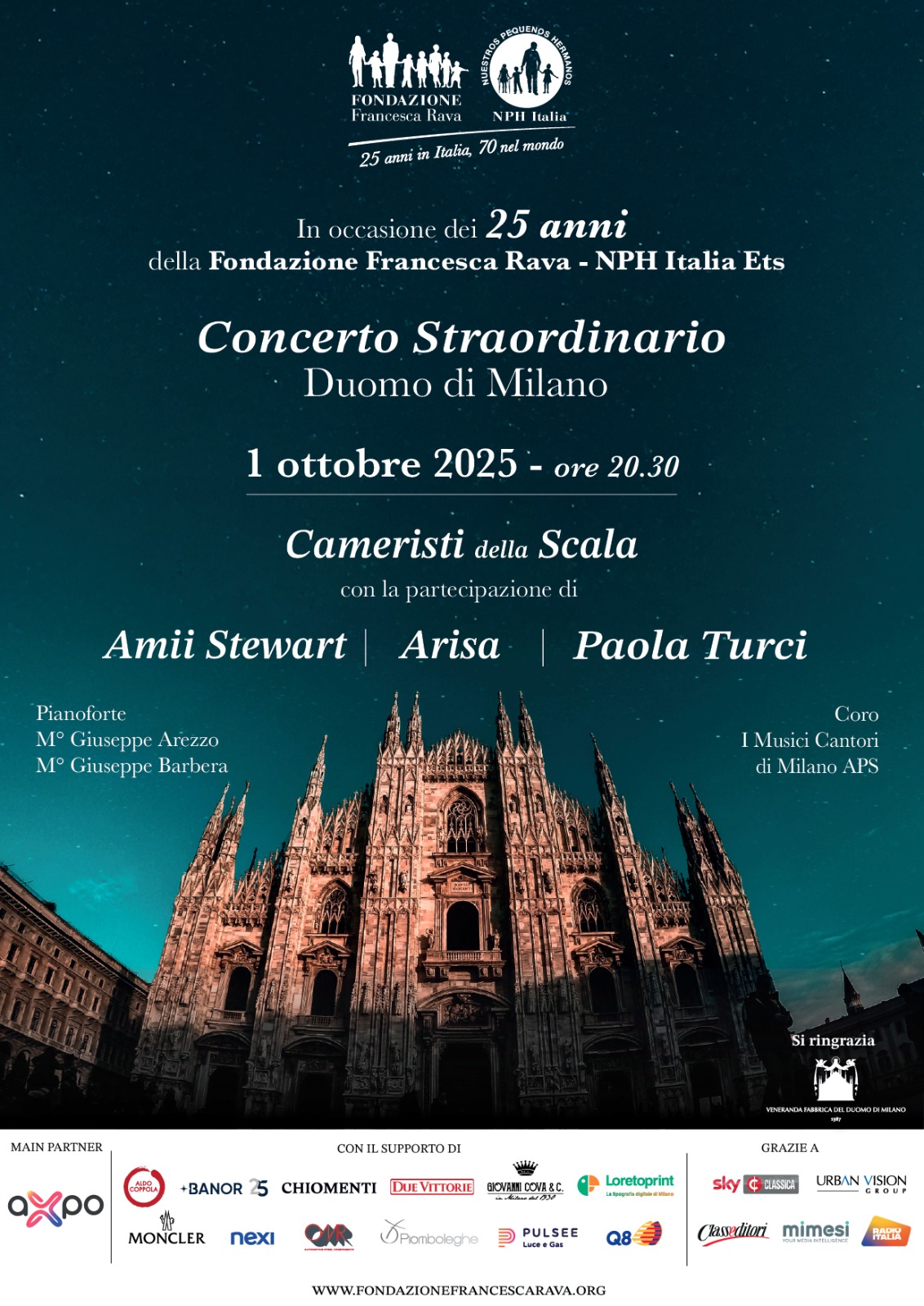 1 Ottobre, Concerto Straordinario in Duomo: Amii Stewart, Arisa, Paola Turci e i cameristi della Scala insieme per i 25 anni della Fondazione Francesca Rava